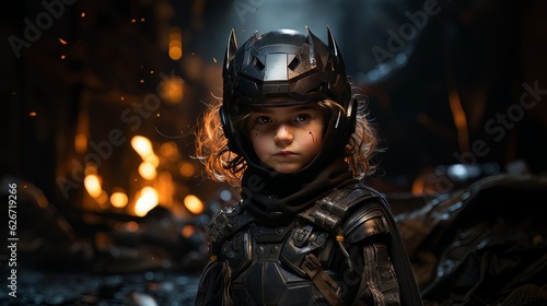 Digital art portrait of little boy in motobiker black suit and helmet AI © Vitalii But