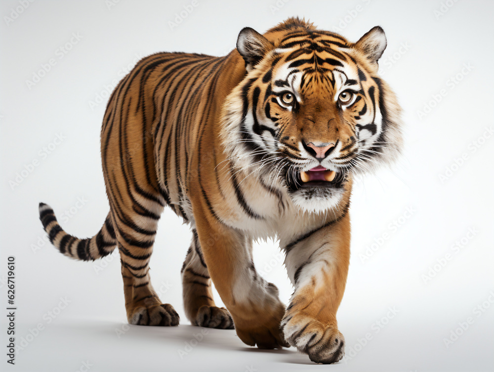 Tiger walking toward camera on a white background