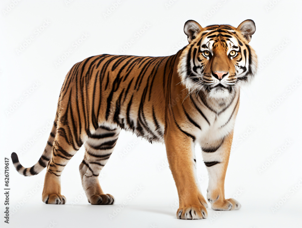 Side view of a tiger on a white studio background