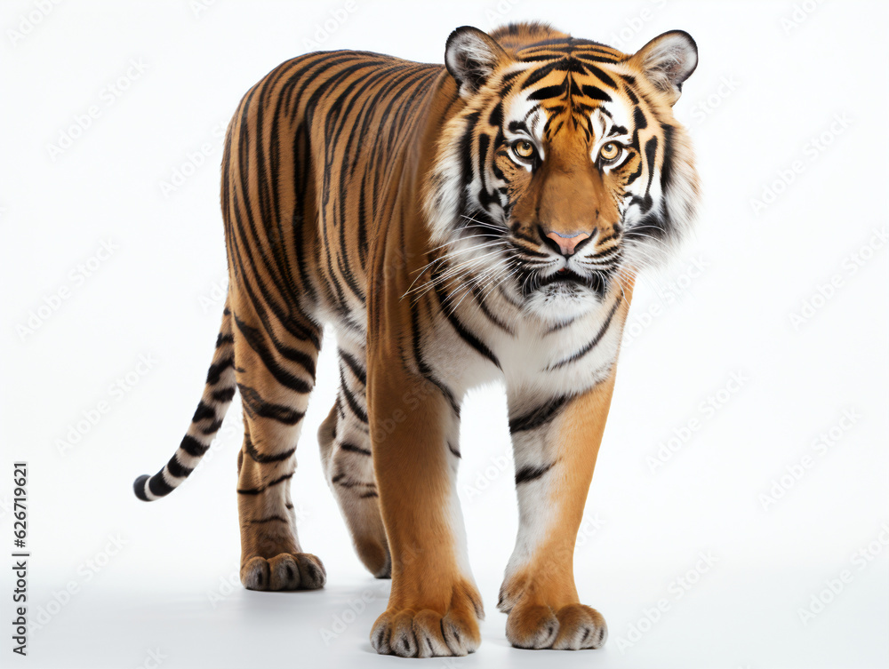 Tiger standing on a white studio background