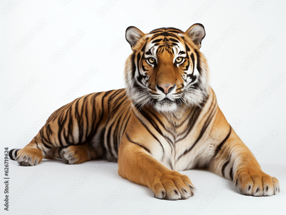 Fototapeta premium Tiger lay on a white studio background