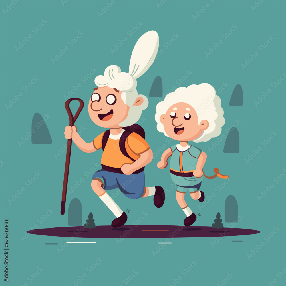 Two positive smiling old white women hiking, running in the nature. 2 funny cartoon characters of happy grandmas with a backpack on an outdoor adventure Two positive smiling old white women hiking, running in the nature. 2 funny cartoon characters of happy grandmas with a backpack on an outdoor adventure