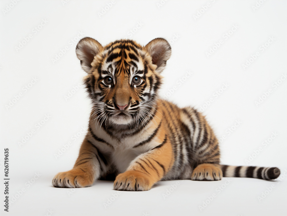 Tiger cub lay on a white studio background Tiger cub lay on a white studio background