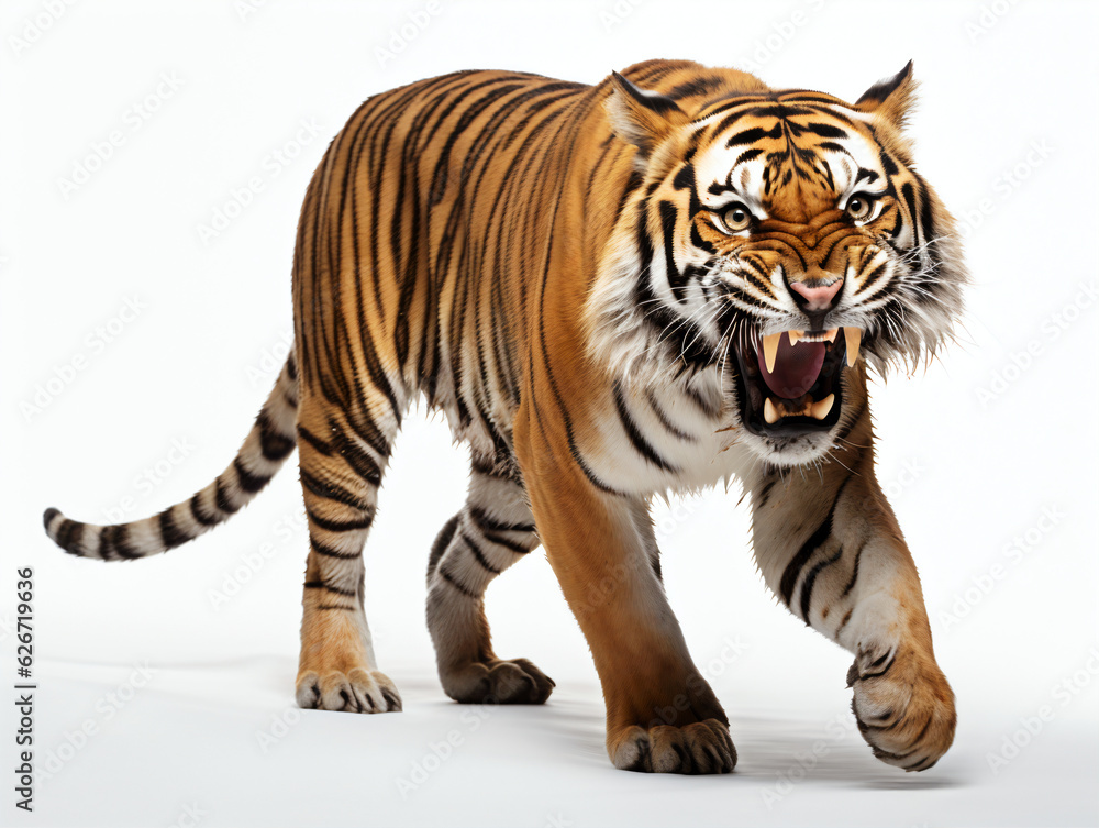 Obraz premium Tiger roaring on a white studio background
