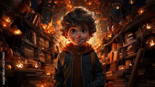 Digital art portrait of cute cartoon boy on the background of shelves with books AI