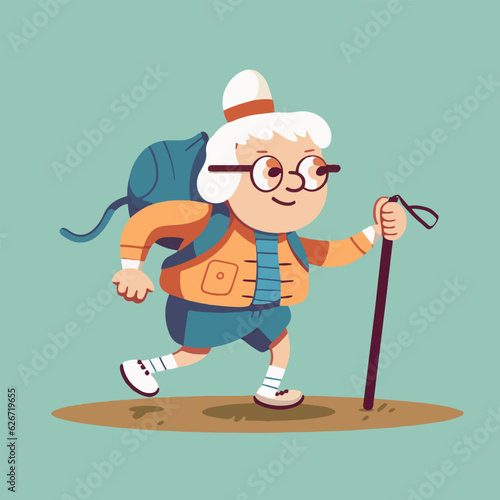 Positive, smiling old white woman hiking, walking in the nature. Funny cartoon character of a happy grandma with a backpack on an outdoor adventure