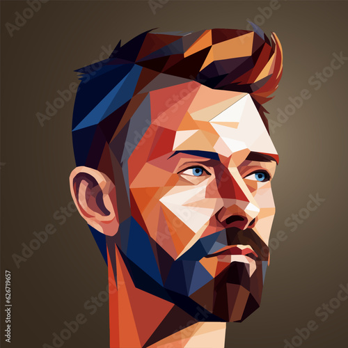 Bearded stylish middle aged man illustration in cubism art style. Headshot of a handsome, serous, confident guy