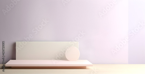 Abstract minimal concept. Pastel colour background with podium and abstract geometric landscape. Mock up template for product presentation. 3D rendering. copy text space 
