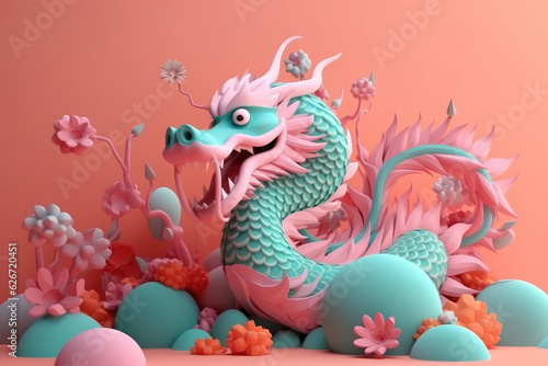Generative AI abstract design chinese new year cute dragon with spring colors, surreal fantasy, peach flower., generative AI 