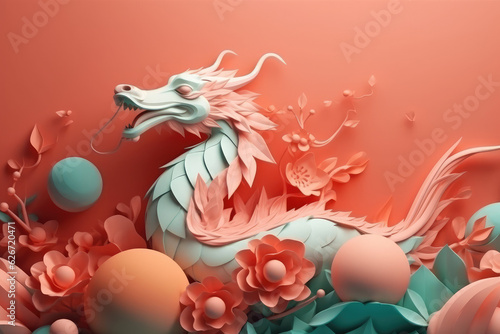 Generative AI abstract design chinese new year cute dragon with spring colors  surreal fantasy  peach flower.  generative AI  