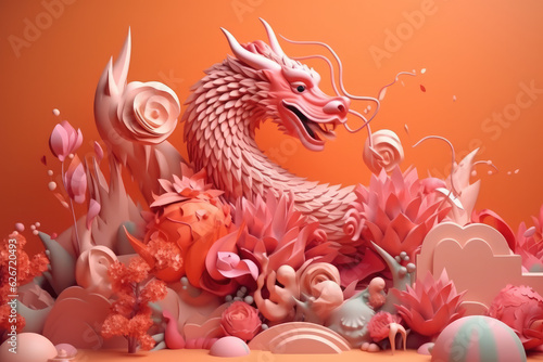 Generative AI abstract design chinese new year cute dragon with spring colors, surreal fantasy, peach flower., generative AI 
