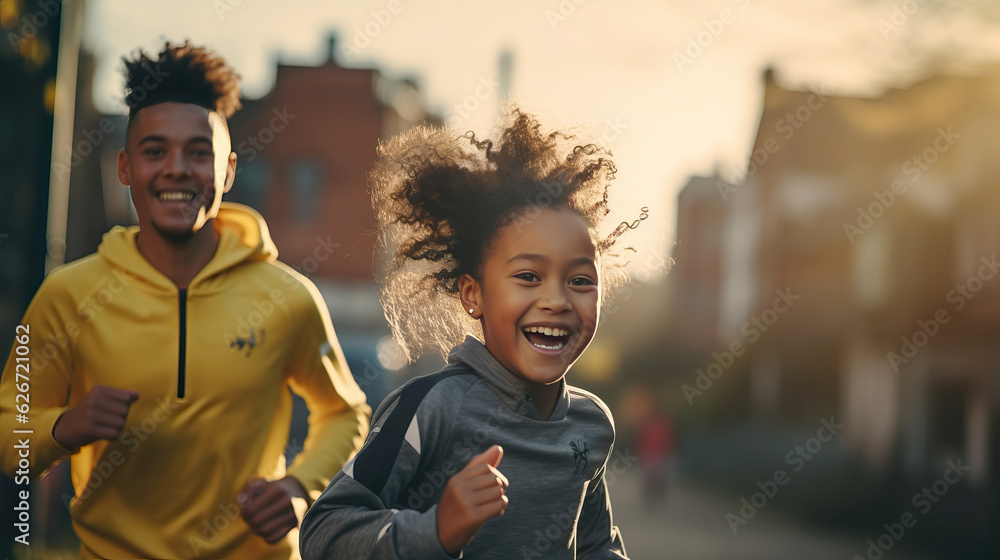 African American girl and brother  with beautiful smile . couple having fun outdoors. AI Generated. 