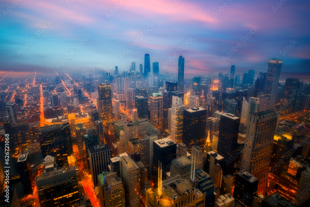 Chicago skyline at night, IL,  