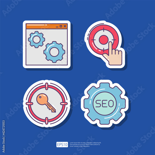 Free Download Webpage browser setting, SEO setting with gear wheel, target key keyword, internet marketing advertising target. SEO Search Engine Optimization and internet advertising sticker icon set - GFXLoad