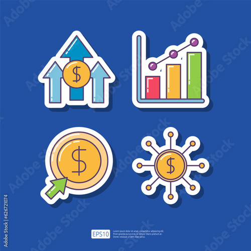 Investment Growth Dollar Rate Increase, Business Growing Chart, pay per click, Financial Network Money Distribution. SEO Search Engine Optimization and internet marketing advertising sticker icon set