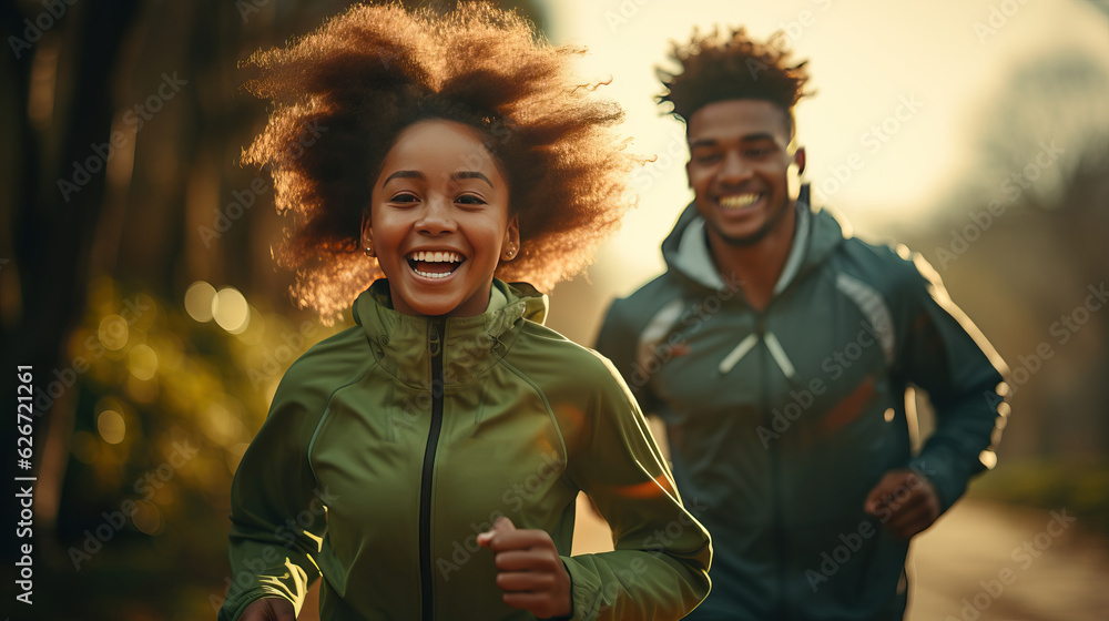 Fototapeta premium African-American girl and his brother . running in the morning. urban city view. light and bokeh background. Ai gererated.