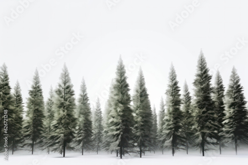 A tranquil winter landscape with a row of trees covered in snow, creating a picturesque scene. AI Generative.