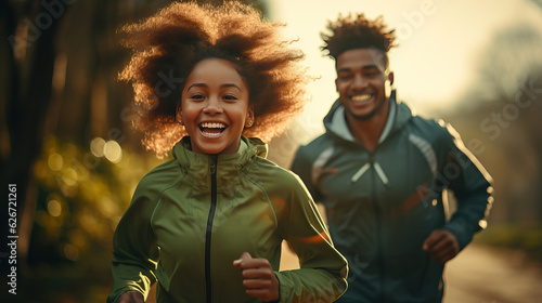 African-American girl and his brother . running in the morning. urban city view. light and bokeh background. Ai gererated.