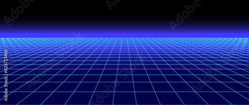 Retro futuristic grid background. Bright neon blue glowing tile floor in perspective. Lattice plane landscape wallpaper. Abstract horizontal checkered surface. Vector illustration 