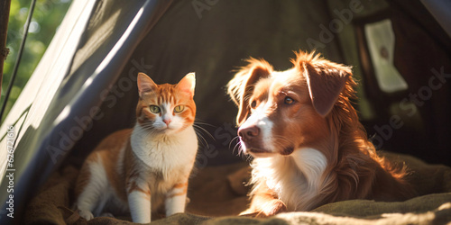 Dog and cat enjoying camping trip in a tent. Created with Generative AI technology