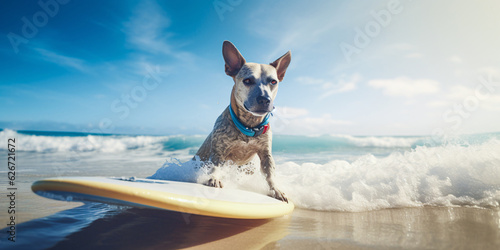 Dog riding surfboard on sunny beach. Created with Generative AI technology © Rolling Stones