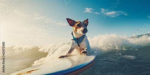 Surfing dog catching the wave. Created with Generative AI technology © Rolling Stones