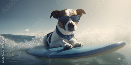 Surfing dog with sunglasses laying on the surfboard in the ocean. Created with Generative AI technology © Rolling Stones