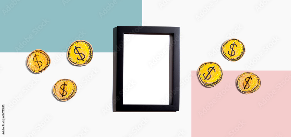 Blank photo frame with coins - earn online - work from home themes Blank photo frame with coins - earn online - work from home themes