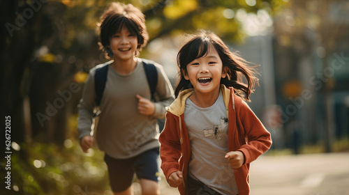 Asian Japanese girl and boy with beautiful smile . couple having fun outdoors. running jogging, exercise . AI Generated. 