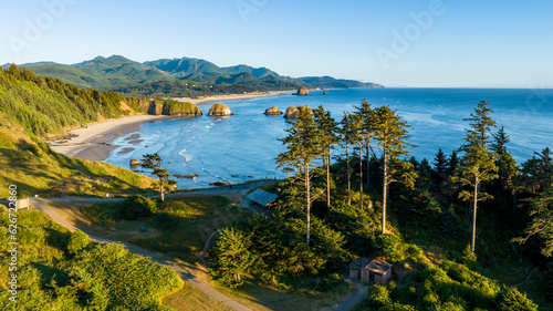 Aerial view of Cannon Beach and Haystack Rock from Ecola Park