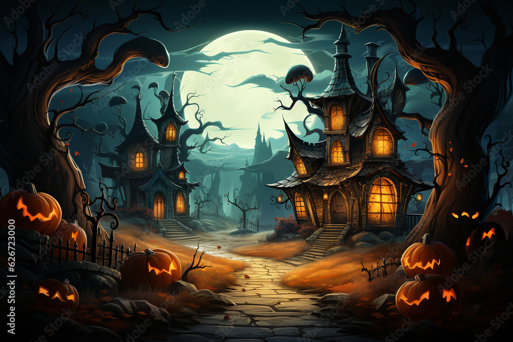 Happy Halloween Banner with Pumpkins, Spooky Celebration and Spooky Decorations Set the Haunted Scene. generated ai.