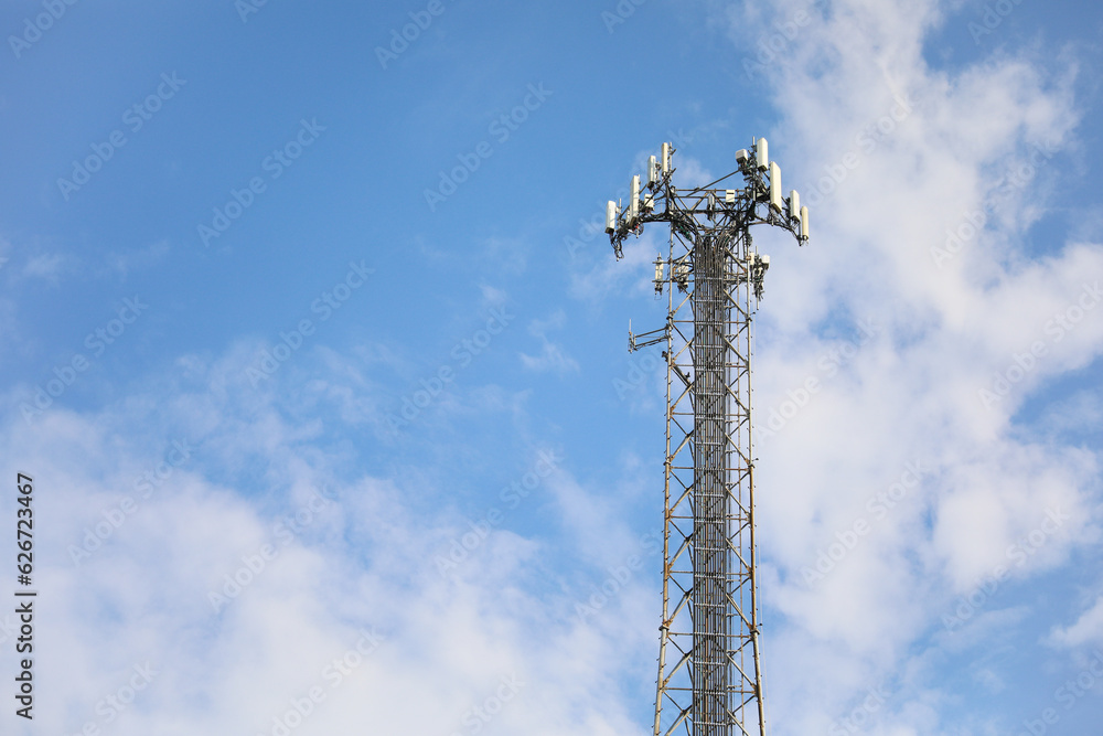Telecommunication tower's radio antenna symbolizes global communication, progress, wireless networks, and technological advancement