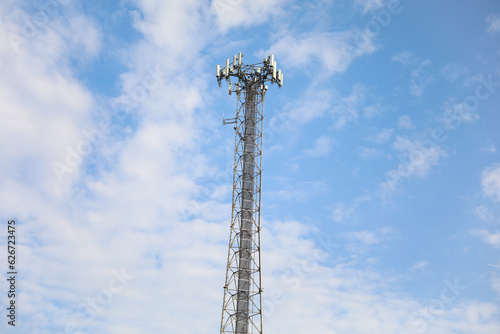 Telecommunication tower's radio antenna symbolizes global communication, progress, wireless networks, and technological advancement