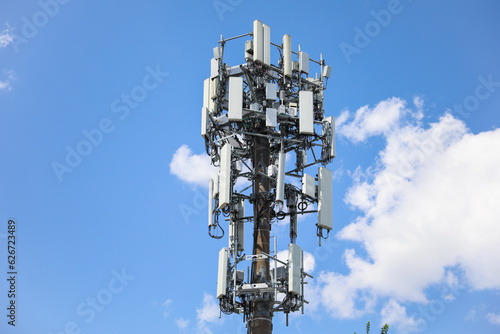 Telecommunication tower's radio antenna symbolizes global communication, progress, wireless networks, and technological advancement