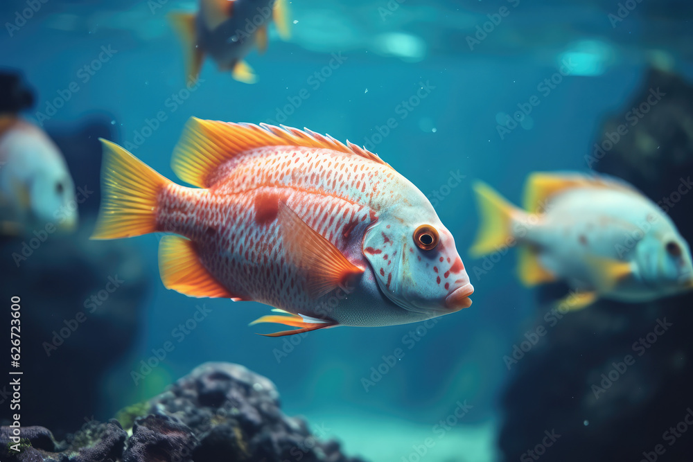 Naklejka premium Colorful tropical fish swimming in ocean, generative AI 