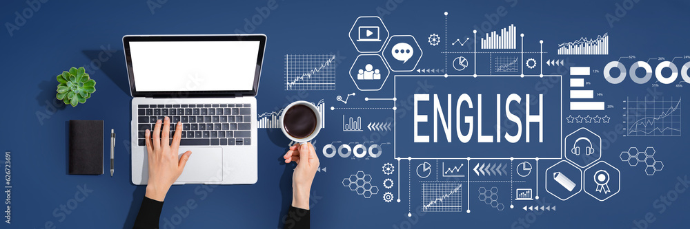 Learning English concept with person using a laptop computer Learning English concept with person using a laptop computer