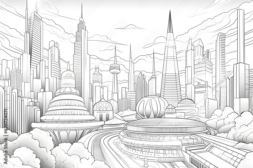 futuristic city skyline line drawing colouring page