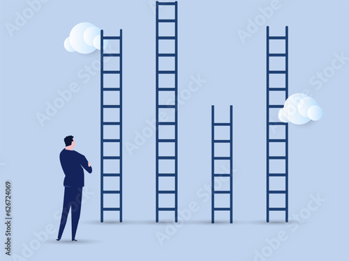 businessman thinking to choose the right ladder. Choosing success ladder, difference career path, opportunity or various choices, challenge to choose best option. vector illustration.