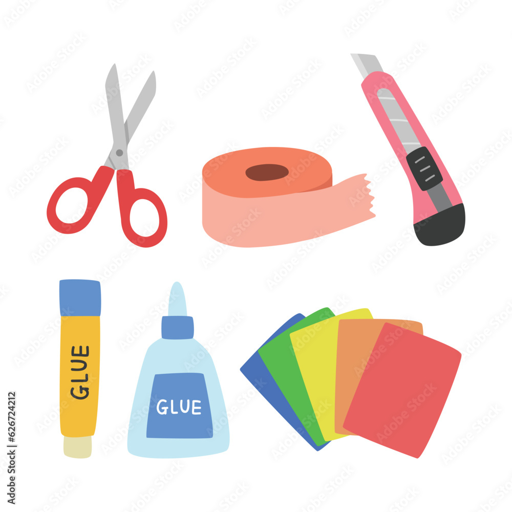 Student craft supplies clipart vector set. Scissors, tape, craft knife