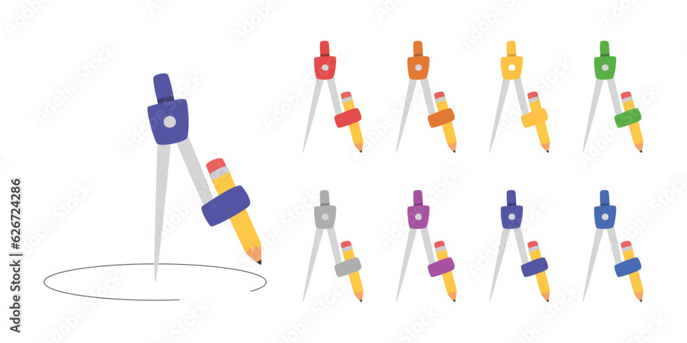 Student compass clipart. Simple multicolor compass student tool for drawing circle or arcs flat vector illustration clipart cartoon style. Students, classroom, school supplies, back to school concept Student compass clipart. Simple multicolor compass student tool for drawing circle or arcs flat vector illustration clipart cartoon style. Students, classroom, school supplies, back to school concept