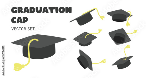 Graduation cap clipart vector set. Set of graduation caps with different angles flat vector illustration cartoon style clip art hand drawn. Students, graduation celebration caps throwing up concept