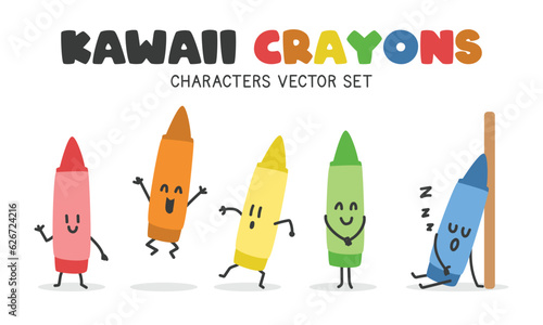 Cute kawaii crayons characters clipart vector set. Colorful crayon colors mascot characters different emotions flat vector illustration cartoon style. Students, school supplies, back to school concept