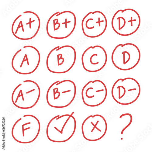 Grade results clipart. Set of different grade exam results flat vector illustration clipart cartoon style, hand drawn doodle. Students, classroom, school supplies, back to school concept