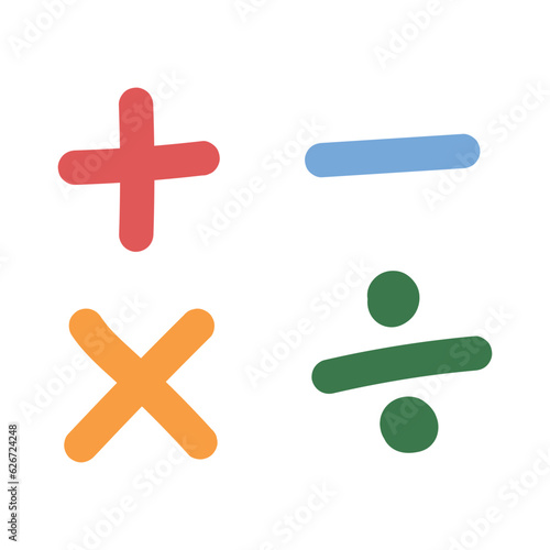 Four math operations clipart vector set. Simple addition, subtraction, multiplication, division flat vector illustration clipart cartoon style clipart. Students, math classroom, back to school concept