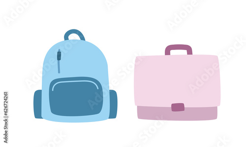 School bag clipart vector set. Simple student bag and backpack flat vector illustration clipart cartoon style clipart, hand drawn doodle. Students, classroom, school supplies, back to school concept