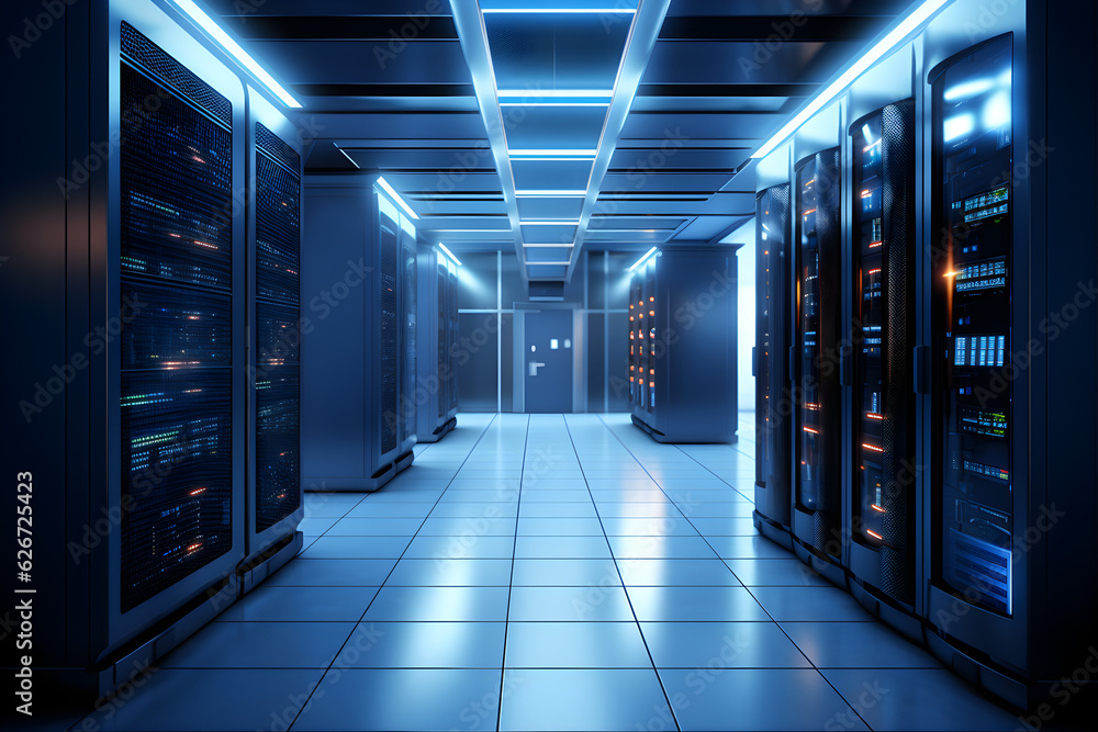 modern server room with servers and glowing neon blue light modern server room with servers and glowing neon blue light