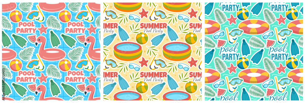 Set of Swimming Pool Seamless Pattern Vector Illustration with Summer Vacation Element in Flat Cartoon Template Hand Drawn Set of Swimming Pool Seamless Pattern Vector Illustration with Summer Vacation Element in Flat Cartoon Template Hand Drawn