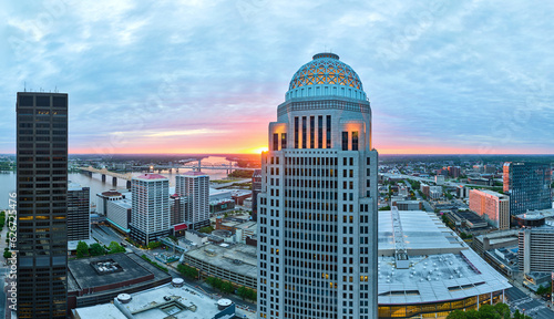 Panorama aerial sunrise over Louisville Kentucky downtown skyscrapers 400 west market building