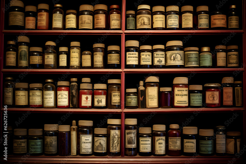 antique bottles of pills and medication on pharmacy shelf