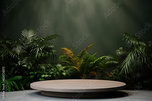 product display background - green jungle leaves wood plinth mock up 